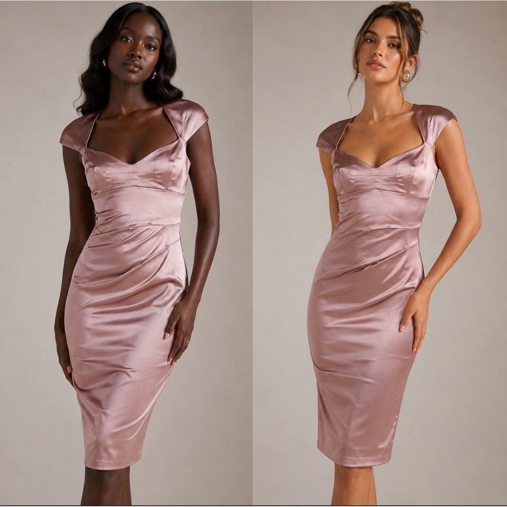 Karen Millen Silk Blend Pink Satin Sheath Midi Dress US6, fits 4 Quiet Luxury